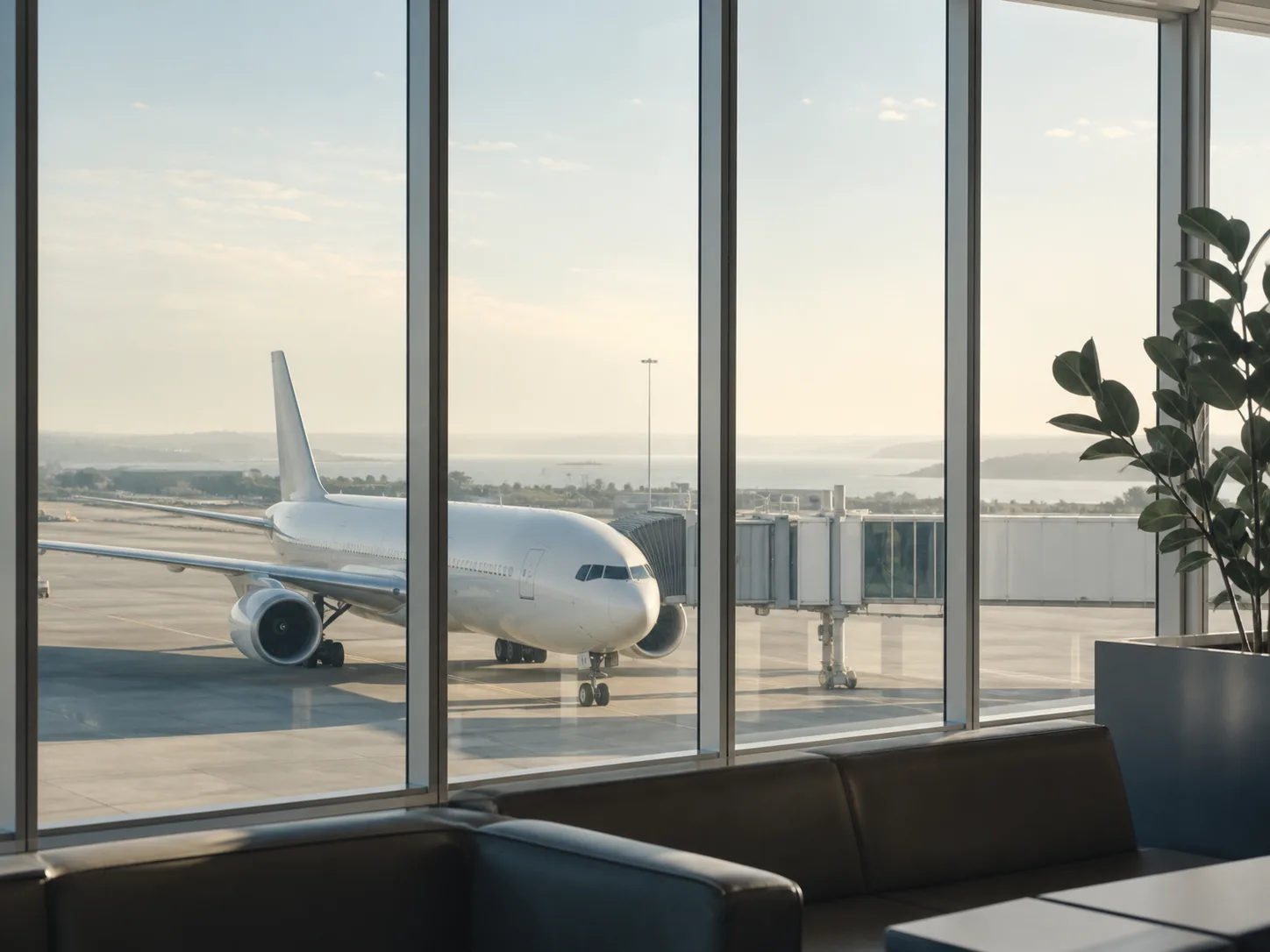Aircraft viewed through the windows of Sydney Airport terminal