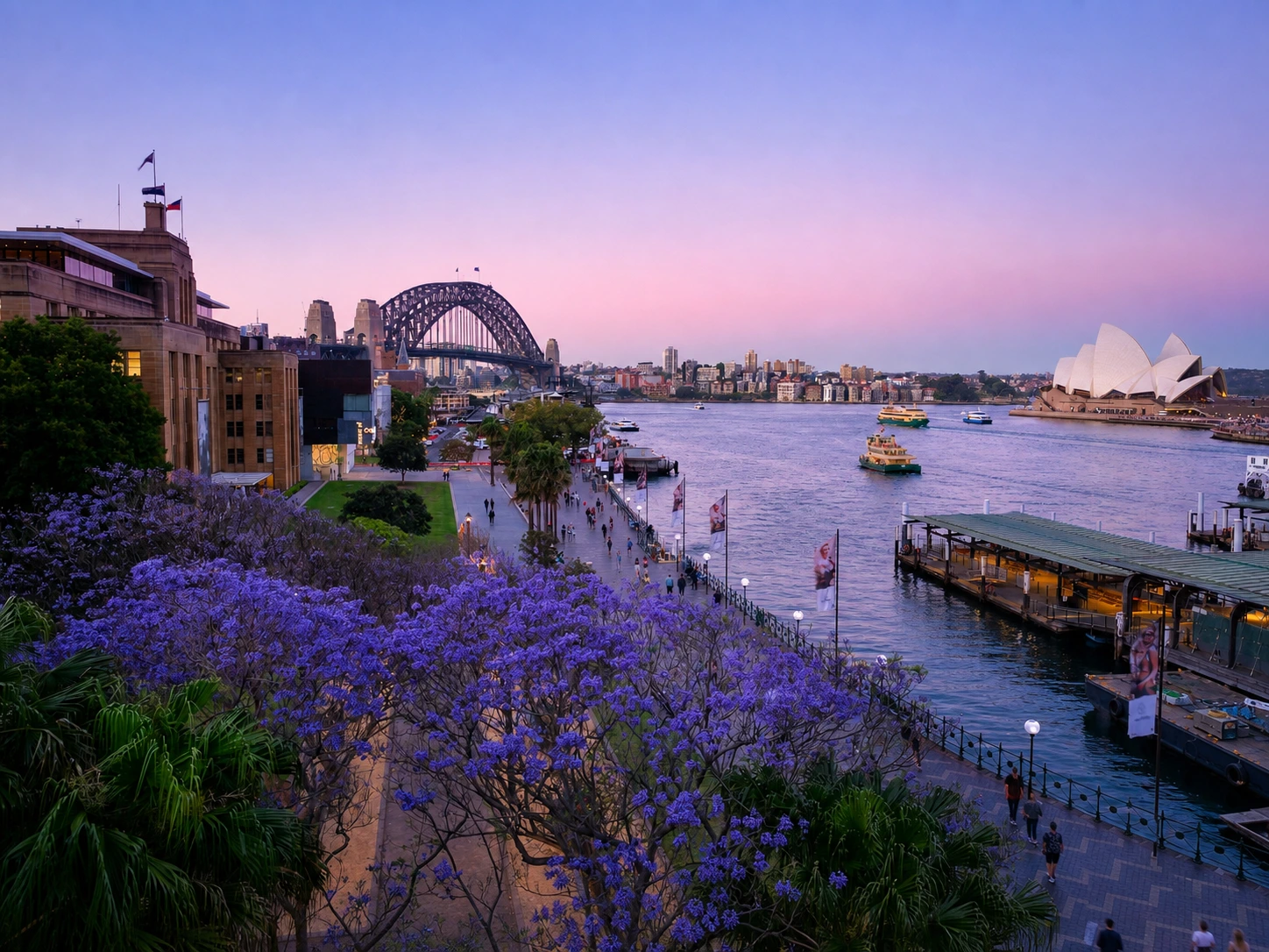 Sydney Harbour at twilight with the Harbour Bridge, Opera House, Circular Quay and ferries
