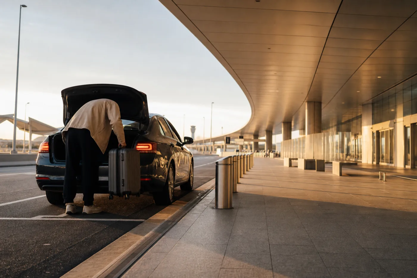 Traveller unloading a suitcase from a car at an airport departures kerb