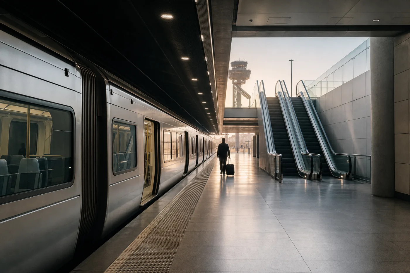 Traveller with a suitcase walking beside a train at an airport station