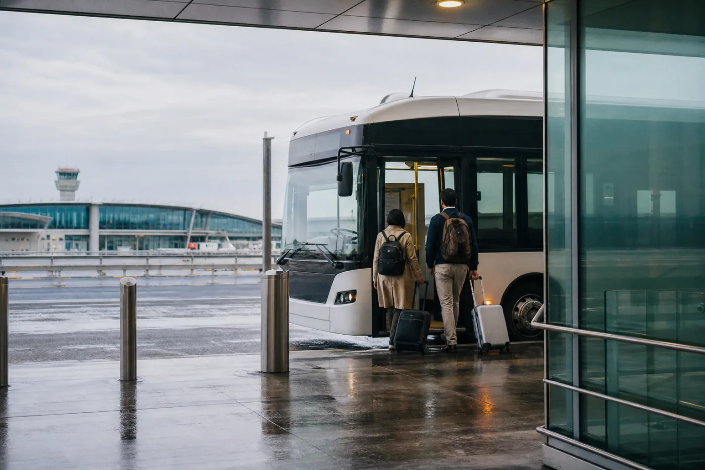 Travellers boarding an airport terminal-transfer shuttle with carry-on luggage