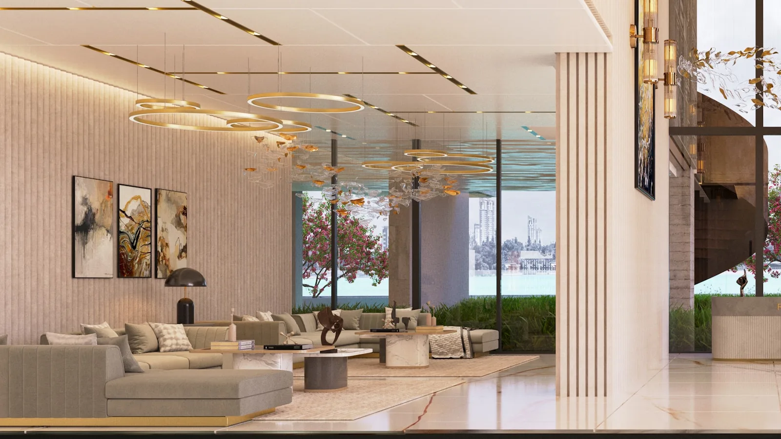 Light-filled airport lounge with neutral seating